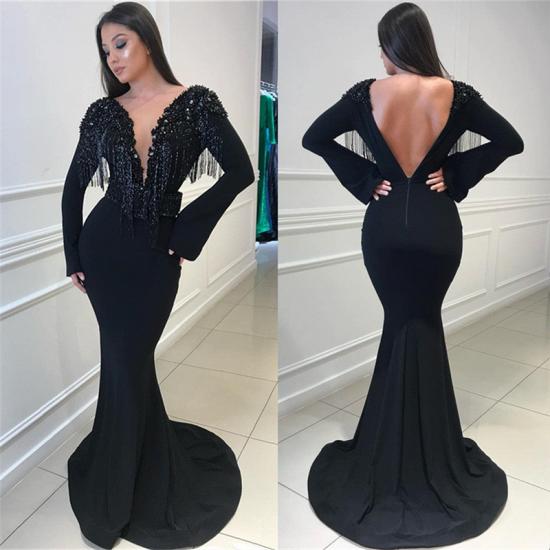 Deep Sexy V-neck Open Back Black Prom Dresses | Fit and Flare Elegant Long Sleeve Beads Tassels Evening Gown_5