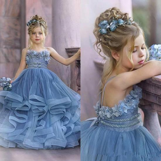 Nette trägerlose staubige blaue Rüschen Puffy Princess Flower Girl Kleider_5