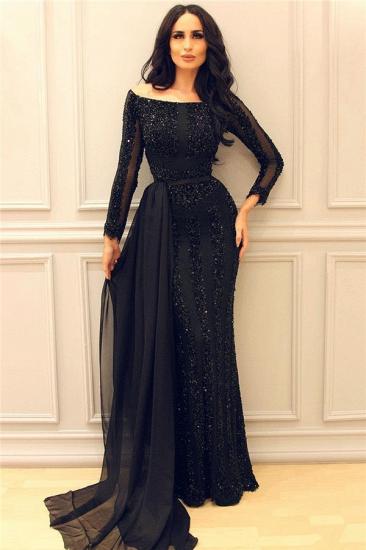Black Beads Sequins Evening Dresses with Sleeves | Chiffon Train Sheath Sexy Prom Dresses