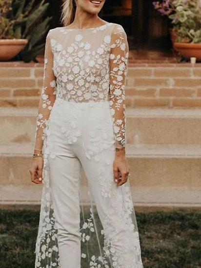 Sexy See-Through Jumpsuits A-Line Wedding Dress Jewel Lace Satin Long Sleeves Modern Bridal Gowns with Sweep Train_3