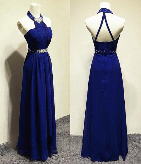 Blue Chiffon Elegant Halter Long Prom Dress A-line Open Back Crystal Evening Dresses with Sash_3