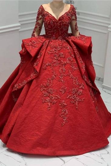 Burgundy Lace Appliques Long sleeves V-neck Ruffles Ball Gowns Evening Gowns_1
