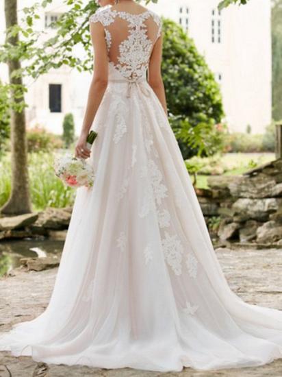 Modern A-Line Wedding Dress V-Neck Lace Tulle Straps Bridal Gowns Formal Illusion Detail with Sweep Train_3