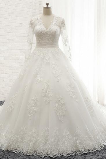 TsClothzone Modest Longsleeves V-neck Lace Wedding Dresses White Tulle A-line Bridal Gowns With Appliques Online_2