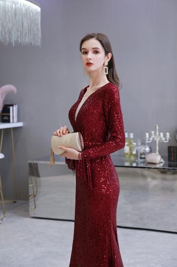 Elegant Sparkle Sequined Burgundy Long sleeve V-neck Mermaid Long Prom Dress_17