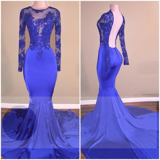 Mermaid Shiny Open Back Abendkleider 2022 Sheer Royal Blue Long-Sleeve Ballkleider_3