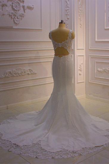 Elegant Sleeveless Lace V-neck Column White Court Train Wedding Dress_2