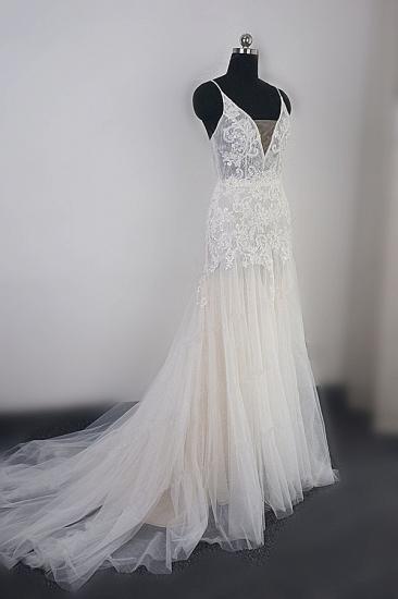 Elegant Floral Appliques A-line Tulle Wedding Dress Spaghetti Straps V-Neck Evening Dress_3