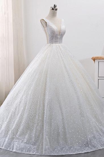 TsClothzone Wunderschönes Tüll-Ballkleid-Hochzeitskleid mit V-Ausschnitt, funkelnde, ärmellose Brautkleider mit Pailletten im Angebot_4