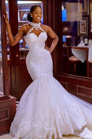 Sexy Halter White Mermaid Wedding Dress With Lace Appliques_1