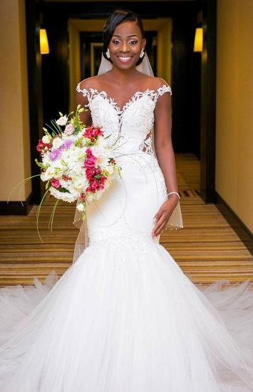 Romantic White Mermaid Cap Sleeve Wedding  Dress| New Arrival Tulle Bridal Gown