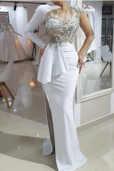 Long sleeves illusion neck white prom dress with high split_1