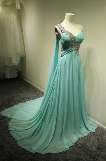 One Shoulder Tiered Green 2022 Evening Dresses Popular Elegant Long Train Crystal long Prom Dress