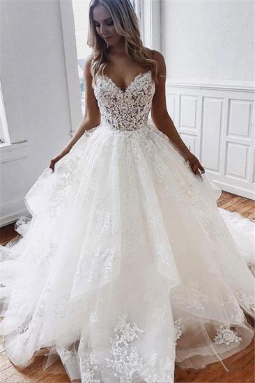 Glamorous Spaghetti-Straps Lace Appliques Tulle A-Line Wedding Dresses_1