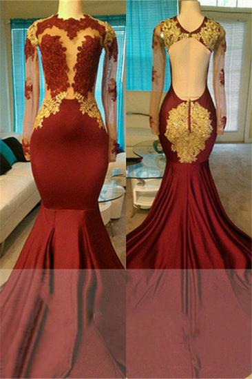 Open Back Gold Lace Burgundy Prom Dress | Mermaid Sheer Tulle Long Evening Gown_2