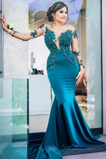 Classic Illusion neck Long Sleeve Blue Lace Appliques Prom Dress with Chapel Train