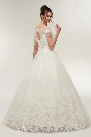 YVETTE | A-line Cap Sleeves Scoop Floor Length Lace Appliques Wedding Dresses with Crystals_2