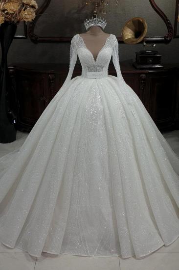 Gorgeous Glitter Sequins Aline Wedding Gown V-Neck Bridal Dress with Sleeves_2