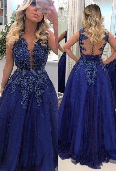 Elegant V Neck Lace Appliqued  Sleeveless Prom Dresses With Bowknot Beads Waistband | Royal Blue Floor Length Beading Evening Gowns_1