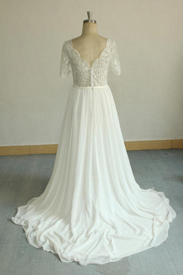Erschwingliches Halbarm-Chiffon-Hochzeitskleid mit V-Ausschnitt | Weiße Brautkleider in A-Linie mit Rüschen_3
