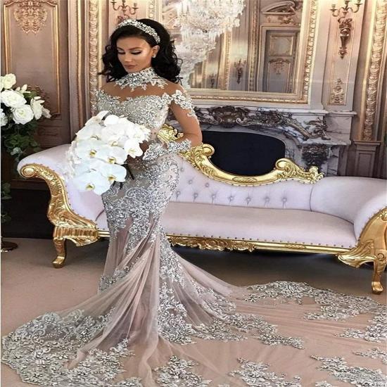 Long Sleeve Silver High Neck Popular Evening Dress Lace Mermaid Luxury Wedding Dresses_4