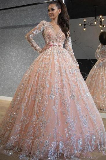 Princess Pink Long sleeves A-line High waist Lace Belt Wedding Dress