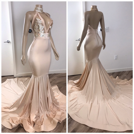 Backless Champagne Pink Cheap Prom Dresses with Appliques | Sexy Mermaid Nude Formal Evening Gowns_2
