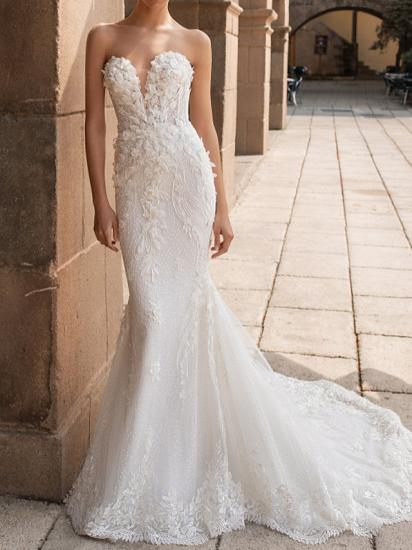 Mermaid Wedding Dress Sweetheart Lace Strapless Bridal Gowns Mordern Sparkle & Shine with Court Train_1