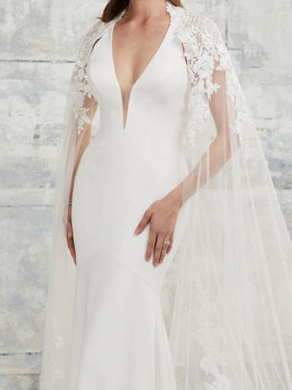 Sexy zweiteiliges Meerjungfrau-Hochzeitskleid mit V-Ausschnitt aus Spitze und Satin mit kurzen Ärmeln, einfache Brautkleider mit Hofschleppe_3
