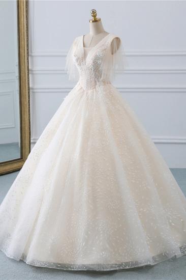 TsClothzone Gorgeous Ball Gown V-Neck Tulle Beadings Wedding Dress Rhinestones Appliques Bridal Gowns with Short Sleeves On Sale_4