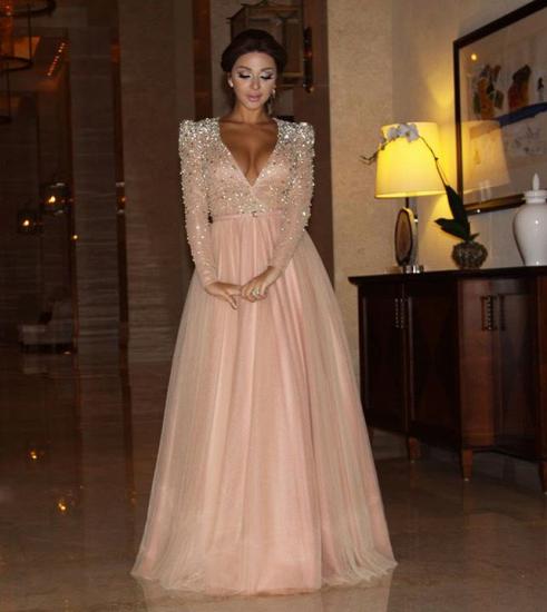 A-line Plunging Neckline Crystal Prom Dress Long Sleeve Beading Floor Length Evening Gown_3