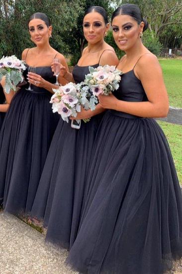 Elegant Black Spaghetti Straps Floor Length Scoop Neckline Bridesmaid Dresses | A-line Long Prom Dress Wedding Party Dresses