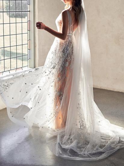 Sexy A-Line Wedding Dresses Sweetheart Lace Sleeveless Bridal Gowns Wedding Dress in Color See-Through Court Train_3