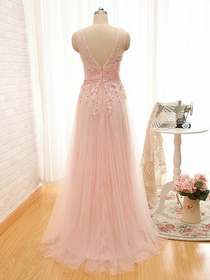 Cute Pink Tulle Long Prom Dress Formal Bowknot V-Neck Floor Length Formal Occasion Dresses_3