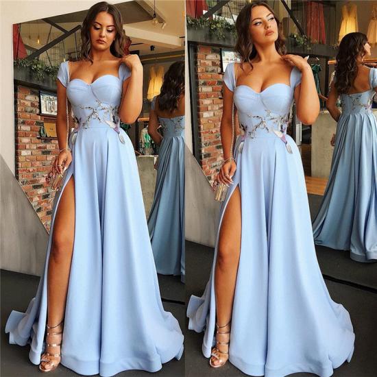Cap Sleeves Open Back Blue Evening Dress | Sexy Side Slit Appliques Prom Dresses Online_4