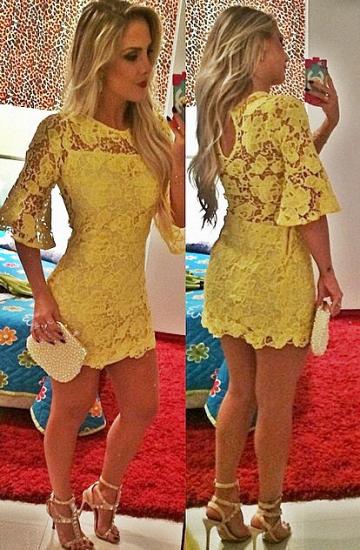 Sexy Half Sleeve Yellow Lace Homecoming Dress Latest Custom Made Short Cocktail Dress