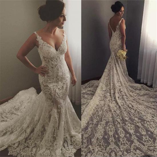 V-neck Sleeveless Mermaid Wedding Dresses Sexy Lace Appliques Bridal Gown_4