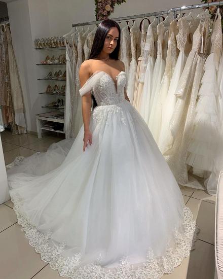 Elegant Off-the-shoulder White Sweetheart Puffy A-line Wedding Dresses_3