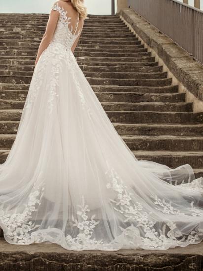 A-Line Wedding Dresses V-Neck Lace Tulle Short Sleeve Bridal Gowns Country Plus Size Court Train_3