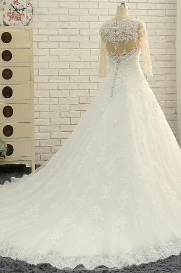 TsClothzone Elegant A-Line Jewel White Tulle Lace Wedding Dress 3/4 Sleeves Appliques Bridal Gowns with Pearls_4