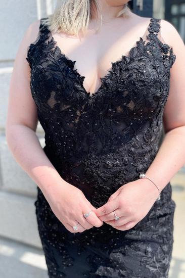 Black Long Mermaid V-neck Spaghetti Straps Backless Tulle Appliques Lace Prom Dress_2