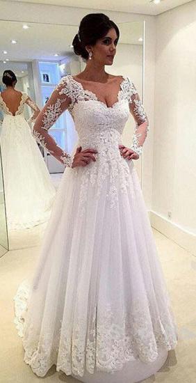 A-Line Elegant White Long Sleeve Bridal Gown Open Back Lace Plus Size Wedding Dress_1