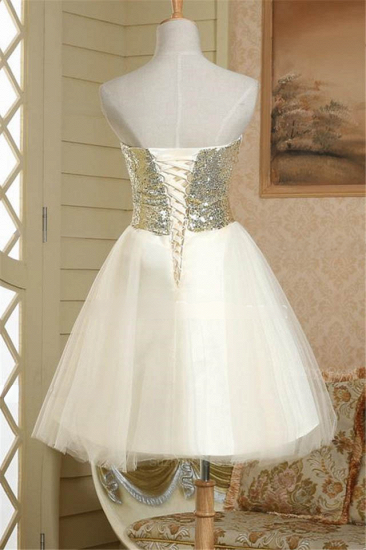 Neue Ankunft trägerloses nettes Satin kurzes Brautjungfernkleid Lace-Up Sequined Bowknot Mini Hochzeitskleid_3