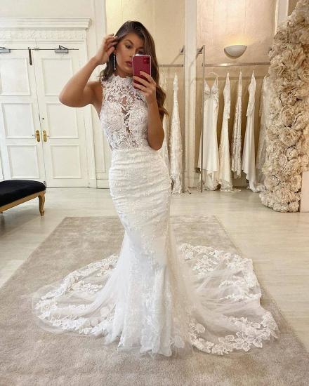 Glamorous Halter Lace Appliques Sleeveless Mermaid Wedding Bridal Gowns