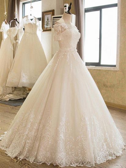 Floor-Length Applique Ball Gown Off-the-Shoulder Lace Tulle 1/2 Sleeves Wedding Dresses_4