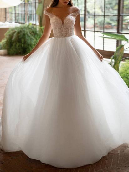 Plus Size A-Line Wedding Dress Off Shoulder Tulle Short Sleeve Bridal Gowns with Court Train