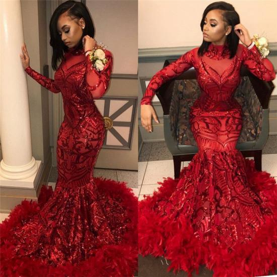 Red Mermaid Sequins Long Sleeves High Neck Prom Dresses_5