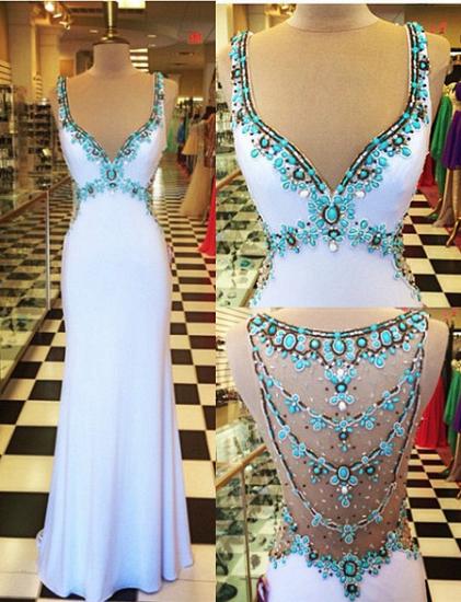 White 2022 Prom Dresses Turquoise Crystals Open Back Evening Gowns