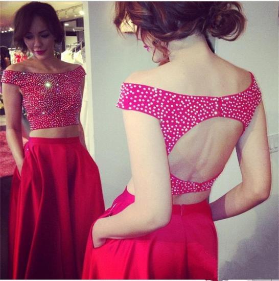 2022 Red Two Piece Off Shoulder Prom Dress Back Hole Bateau A-line Evening Dresses with Pocket_3