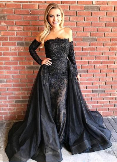 Gorgeous Black Long Sleeves Evening Gowns 2022 Sheath Beads Prom Dresses with Over-Skirt_3